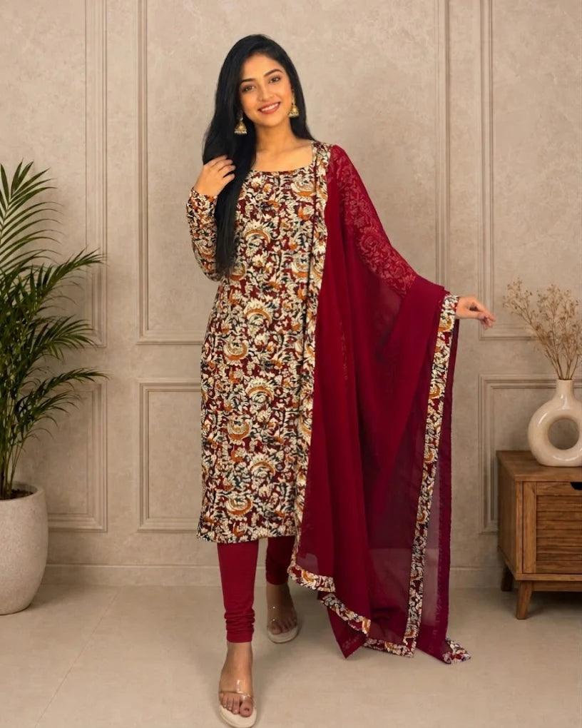 Nayanthra - Pure cotton hand-block printed Kalamkari fabric with georgette dupatta