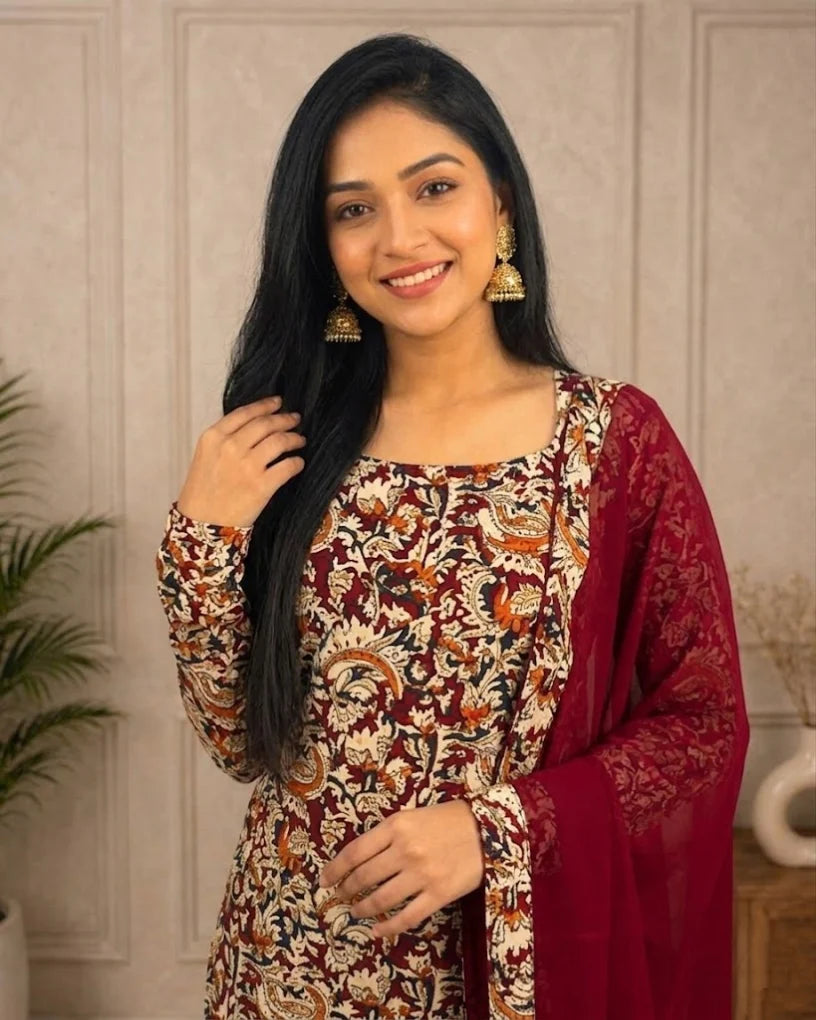 Nayanthra - Pure cotton hand-block printed Kalamkari fabric with georgette dupatta