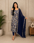 Nayanthra - Pure cotton hand-block printed Kalamkari fabric with georgette dupatta