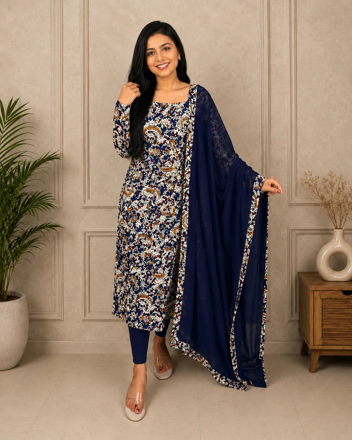 Nayanthra - Pure cotton hand-block printed Kalamkari fabric with georgette dupatta