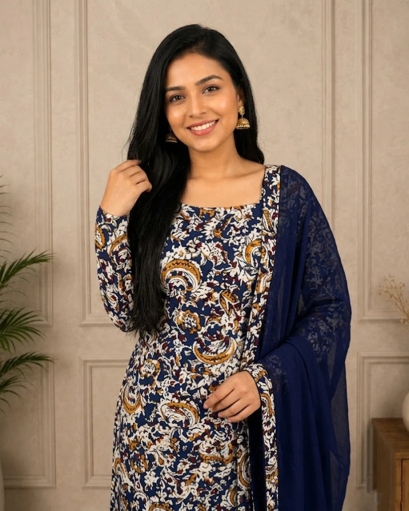 Nayanthra - Pure cotton hand-block printed Kalamkari fabric with georgette dupatta