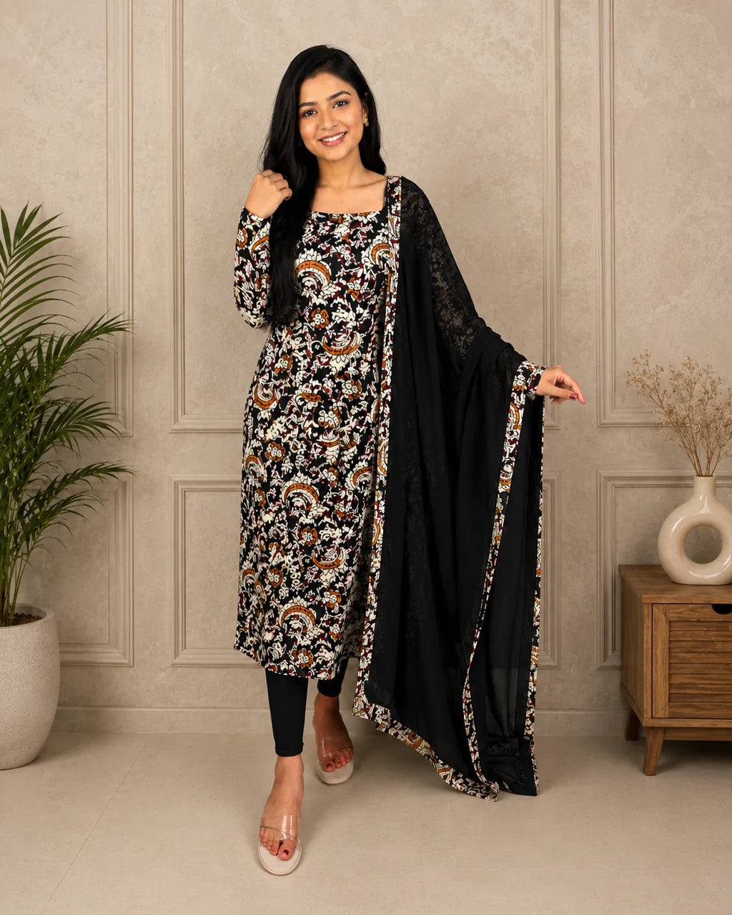 Nayanthra - Pure cotton hand-block printed Kalamkari fabric with georgette dupatta