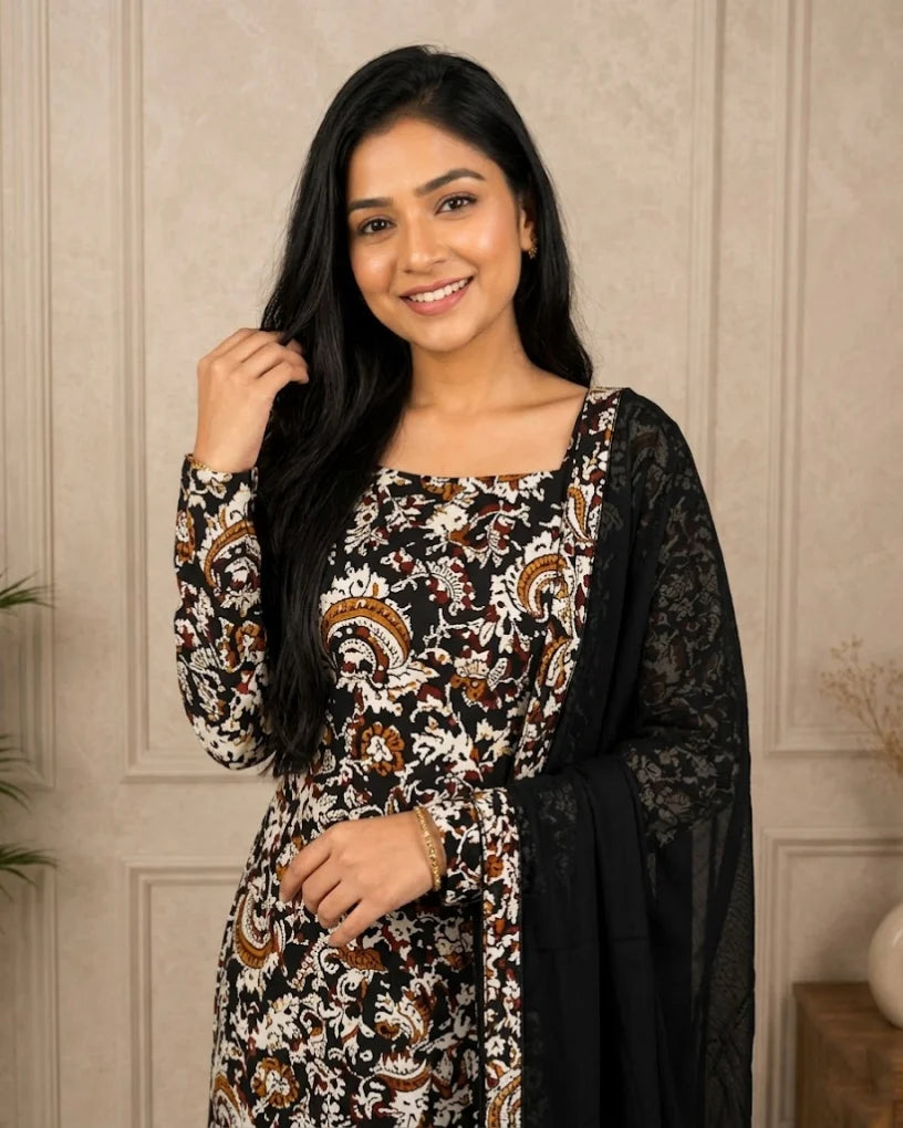 Nayanthra - Pure cotton hand-block printed Kalamkari fabric with georgette dupatta
