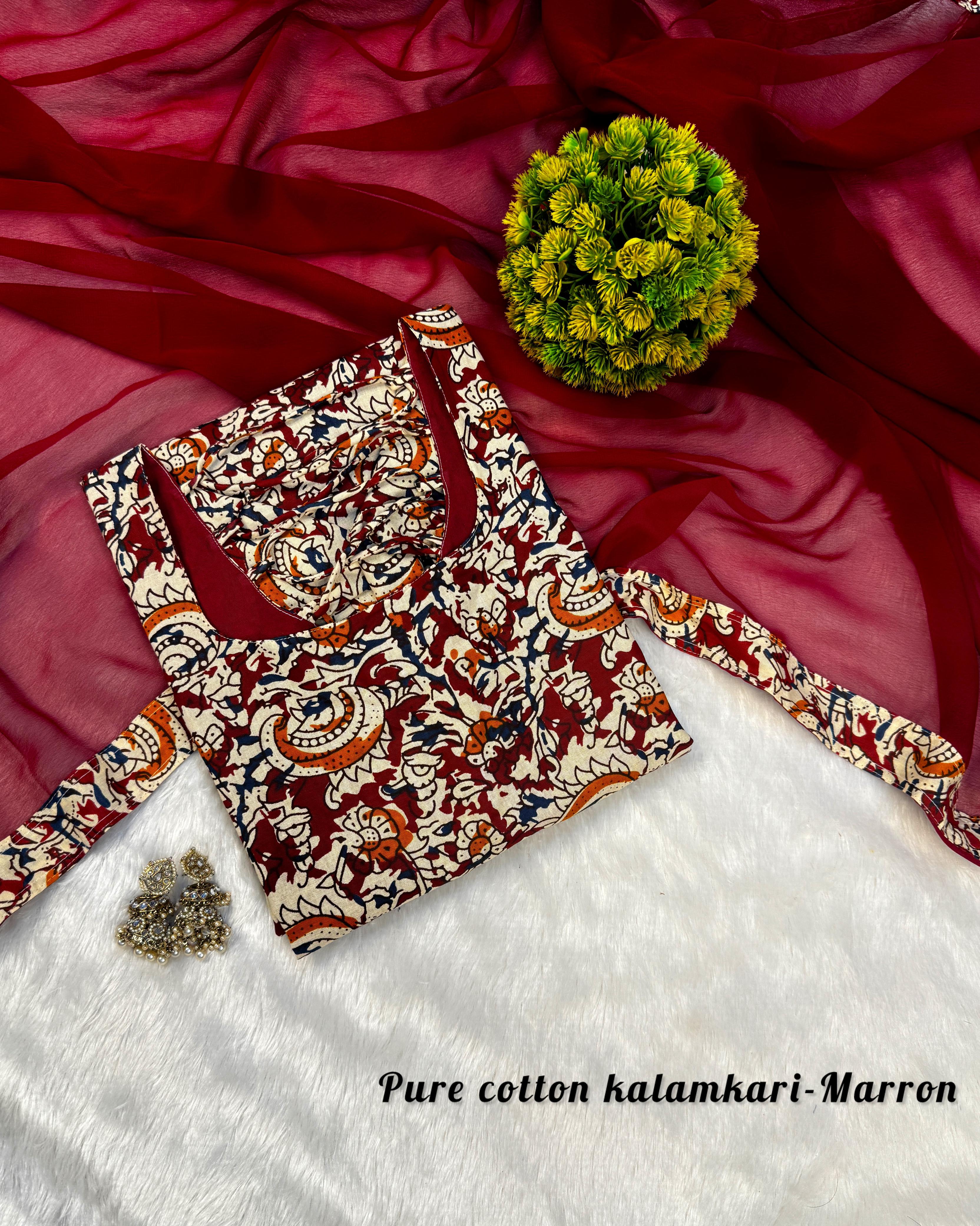 Nayanthra - Pure cotton hand-block printed Kalamkari fabric with georgette dupatta