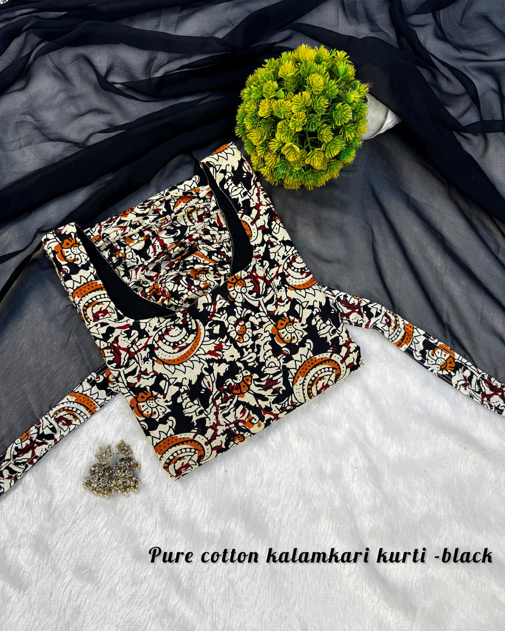 Nayanthra - Pure cotton hand-block printed Kalamkari fabric with georgette dupatta