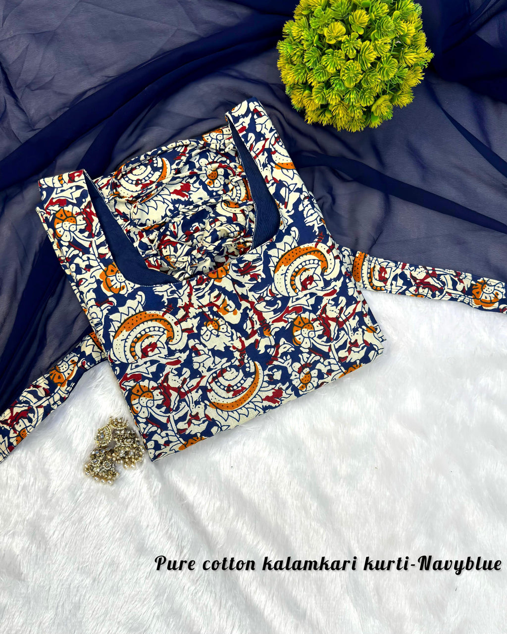 Nayanthra - Pure cotton hand-block printed Kalamkari fabric with georgette dupatta