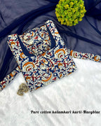 Nayanthra - Pure cotton hand-block printed Kalamkari fabric with georgette dupatta