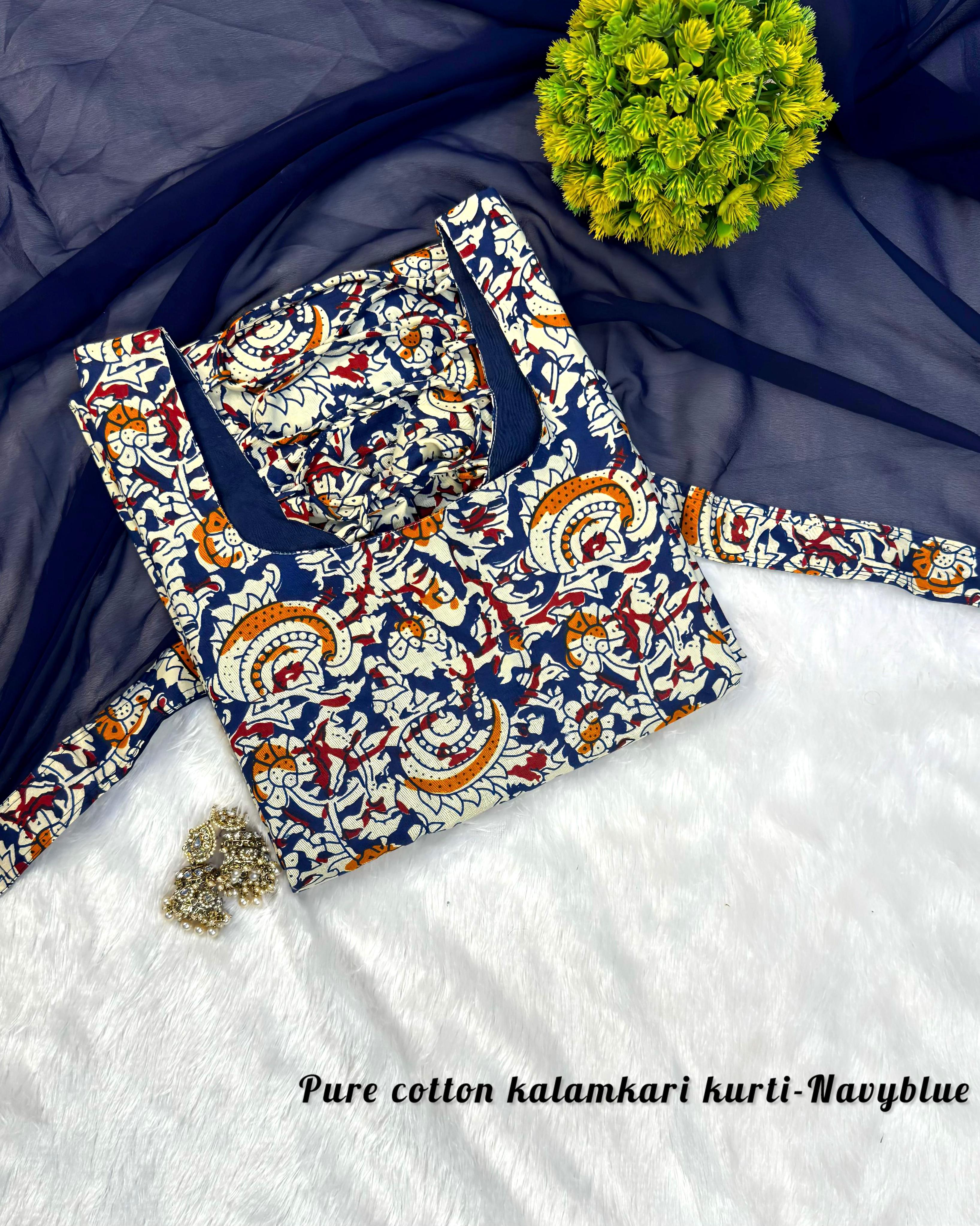 Nayanthra - Pure cotton hand-block printed Kalamkari fabric with georgette dupatta